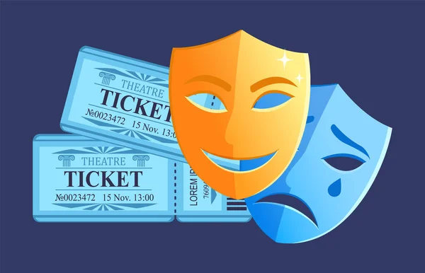Tickets and Masks of Drama and Comedy Plays Vector — Stock Vector