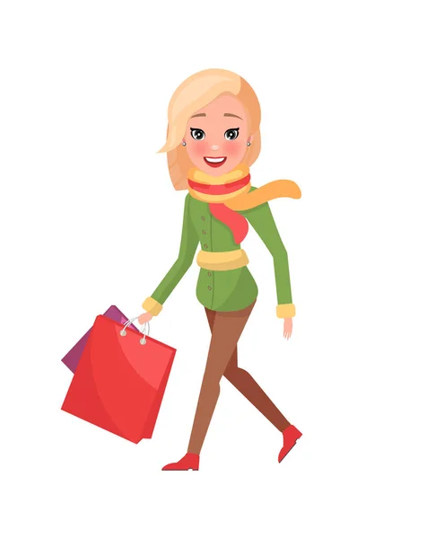 Woman in Green Winter Coat with Packages in Hands — Stock Vector