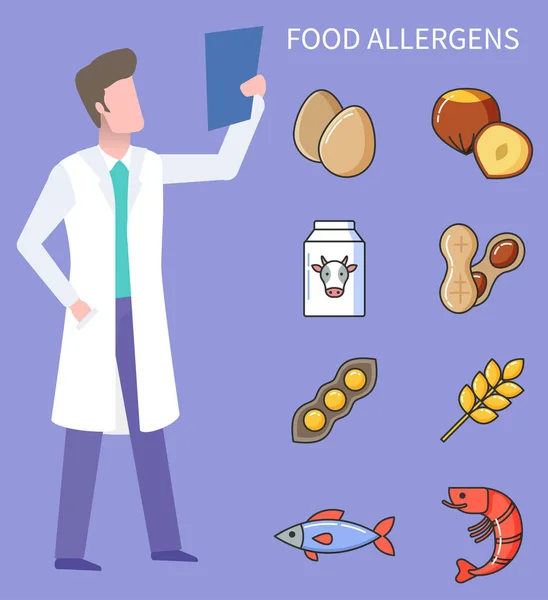 Allergeni alimentari Doc e Prodotti Ingredienti Allergia — Vettoriale Stock