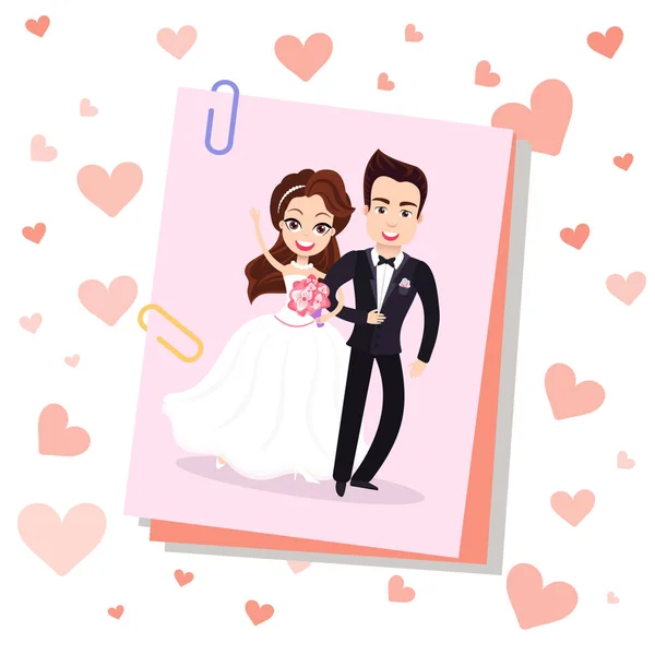 笑顔の花嫁と新郎新婦のポストカード、結婚式のベクトル — ストックベクタ