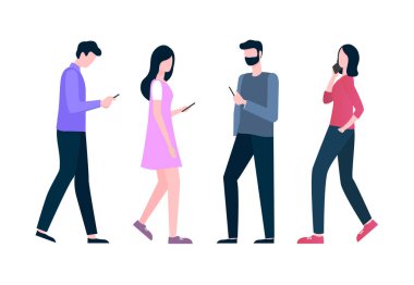 Erkek ve Kadın Telefonla Gidiyor, Mobil Vektör