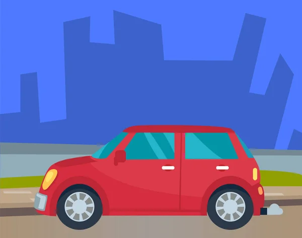 Красный автомобиль едет по дороге в городском ландшафте — стоковый вектор
