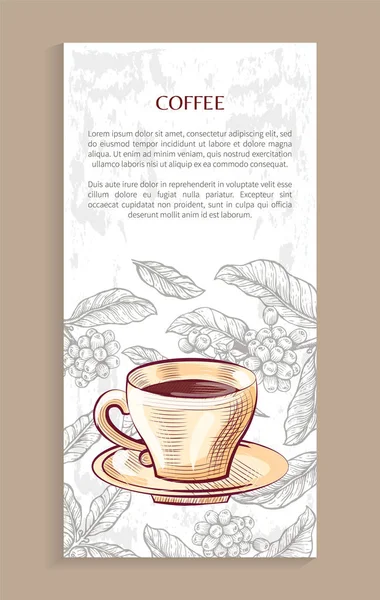 Affiche de café, tasse en porcelaine sur soucoupe, haricots — Image vectorielle