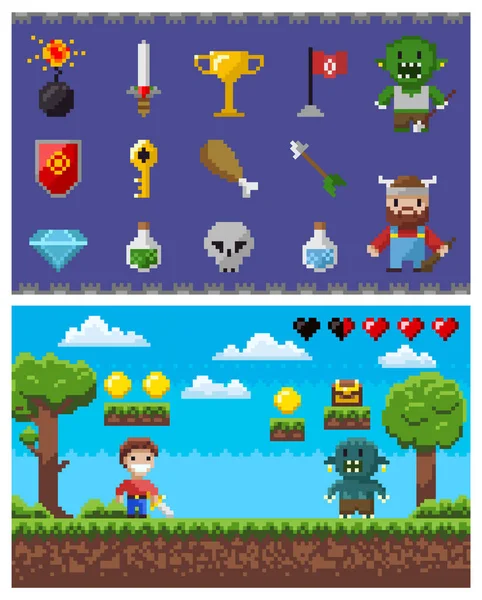 ピクセルゲーム要素とアイコン,英雄と風景 — ストックベクタ