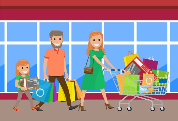 Rodinný nákupní den, Lidé s nákupy vektor — Stockový vektor