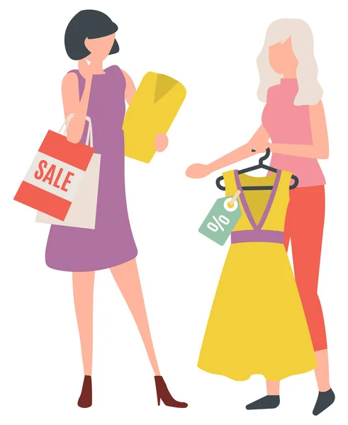 Mujer Comprar Vestido, Lady Shopping, Ropa Vector — Vector de stock