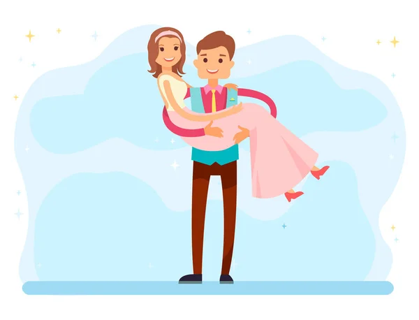 Bruiloftsdag van paar, gelukkige bruidegom glimlachen — Stockvector