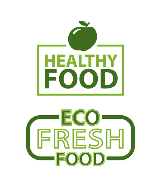 Inscrição de alimentos saudáveis frescos Eco no quadro, frutas — Vetor de Stock