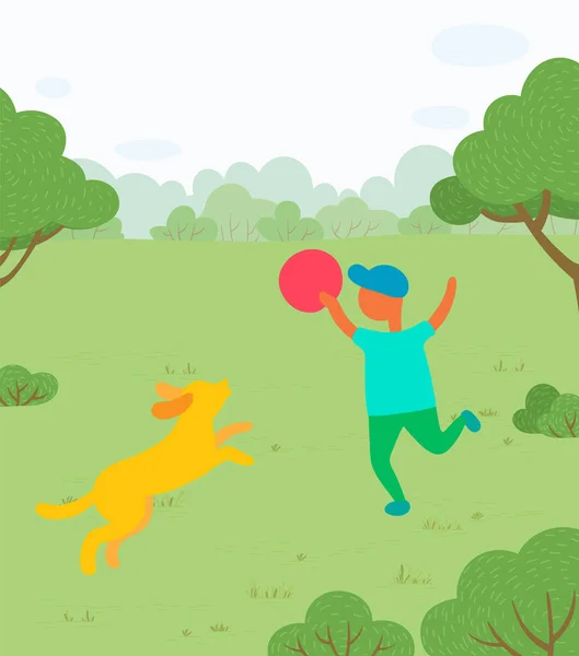 Outdoor Activiteit, Jongen spelen met hond in het park — Stockvector