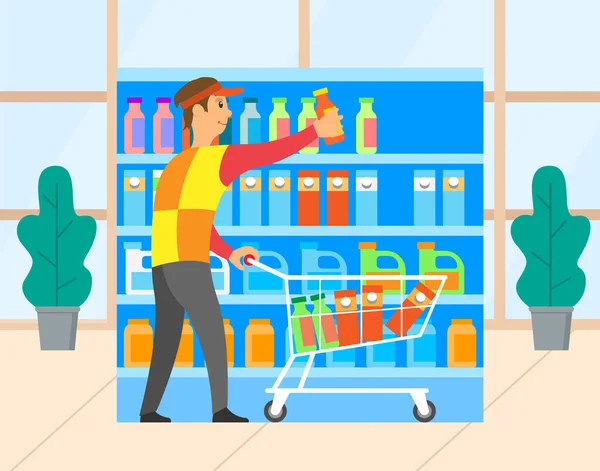 Hombre en la tienda de comestibles con carro, vector de compras — Vector de stock