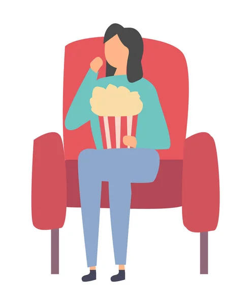 Asiento de película y mujer con palomitas de comida rápida Mujer — Vector de stock