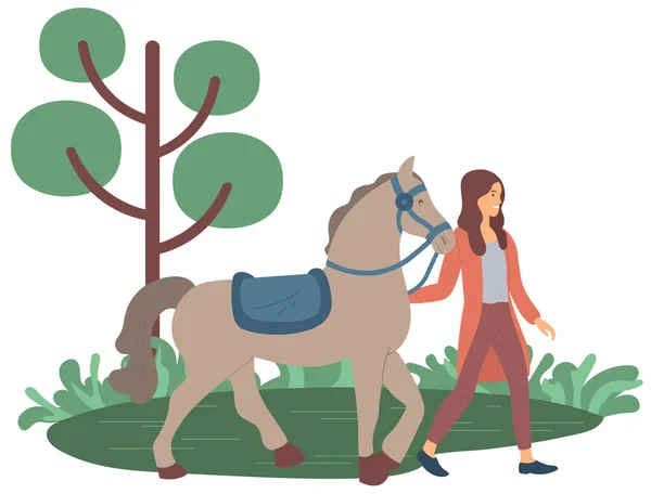 Woman Walking with Horse, Ranch or Farm Vector — Stock Vector