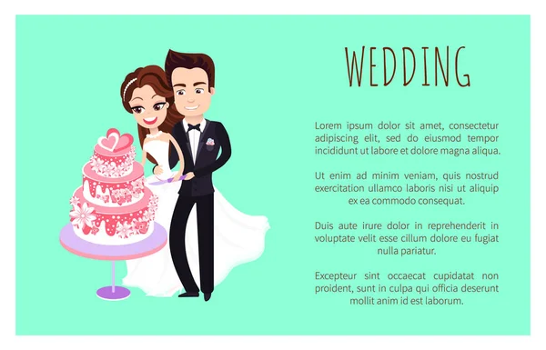 Huwelijksdag Man en vrouw met taart affiche tekst — Stockvector