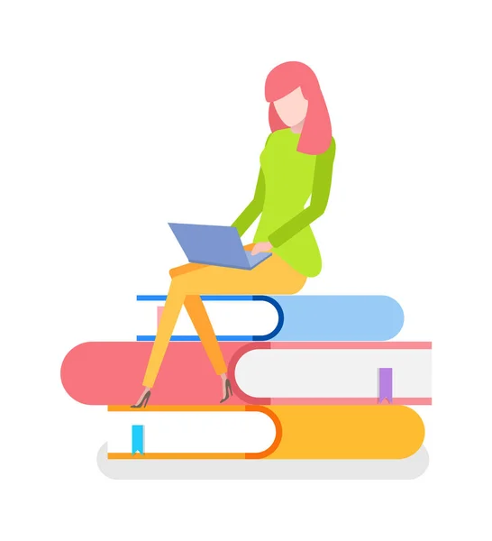 Жінка сидить книг на ноутбуці набирає інформацію — стоковий вектор
