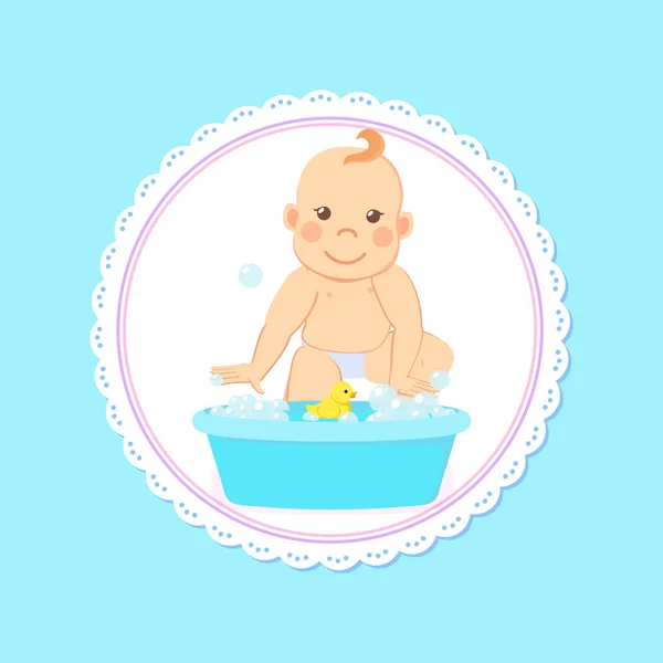 Baby Shower Greeting Card, Infant Bathing in Basin — Stock Vector