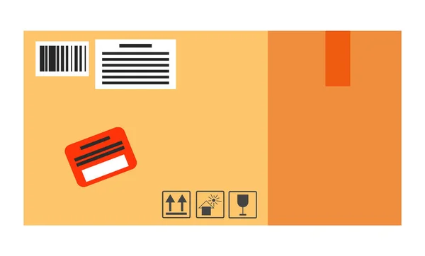 Pacchetto con adesivi ed informazioni, ordine in scatola di cartone — Vettoriale Stock