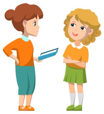 İlkokul Kızları Kitap Vektörü Resmini Tutuyor