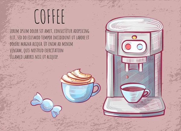 Bebida de aroma, Máquina de café, Cappuccino Vector — Vetor de Stock