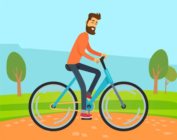Man Riding Bicycle on Road, Countryside Landscape — Stock Vector