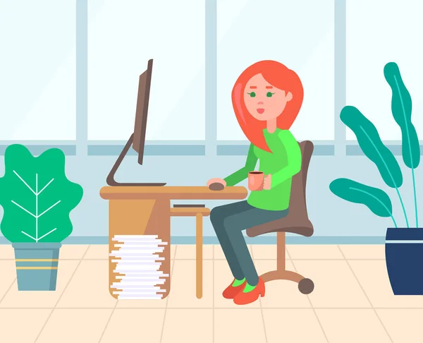 Woman Working from Home, Office Worker Vector — Stock Vector