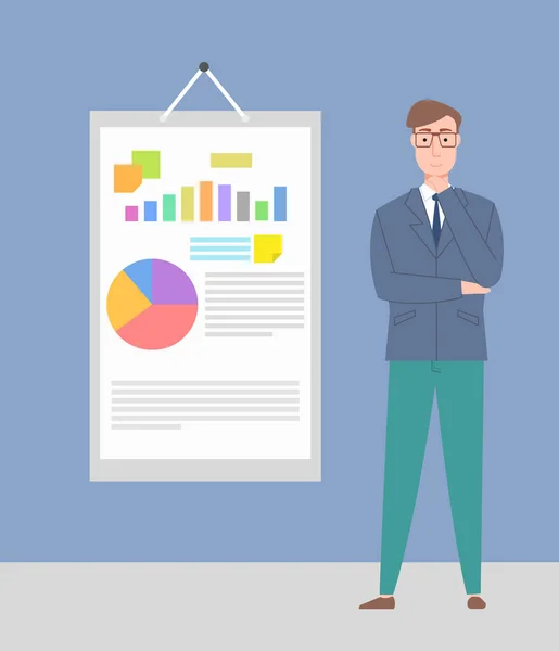 Thinking Man Standing near Board with Chart Vector — Stock Vector