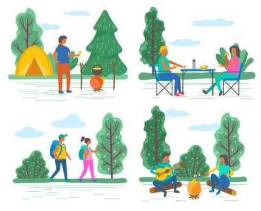 Yürüyüş ve kamp, kamp ateşi ve çadır, gitar çalmak ve yemek yemek.