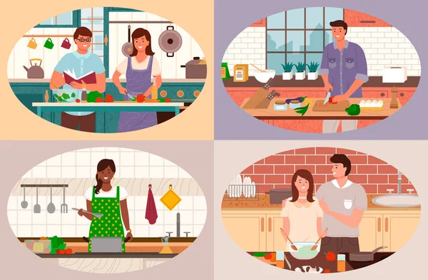 Homme et femme heureux culinaire dans le vecteur de cuisine — Image vectorielle