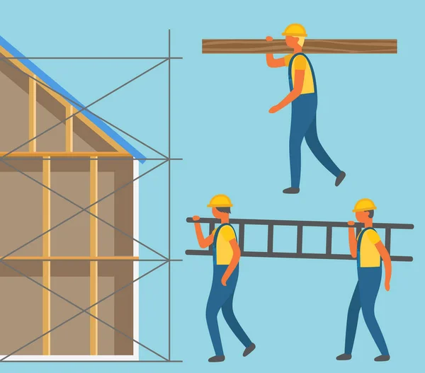 Byggzon, Man med trappor och stockvektor — Stock vektor