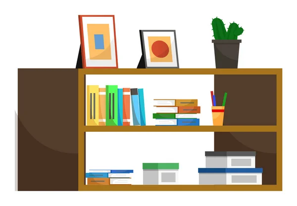 Drewniana półka z książkami i roślinami w wystroju garnka — Wektor stockowy