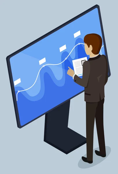 Trabalhador usando monitor Touchscreen com vetor gráfico — Vetor de Stock