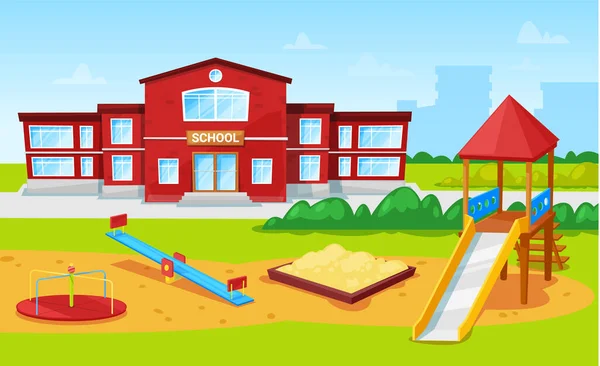 Edificio scolastico e parco giochi per bambini Città — Vettoriale Stock
