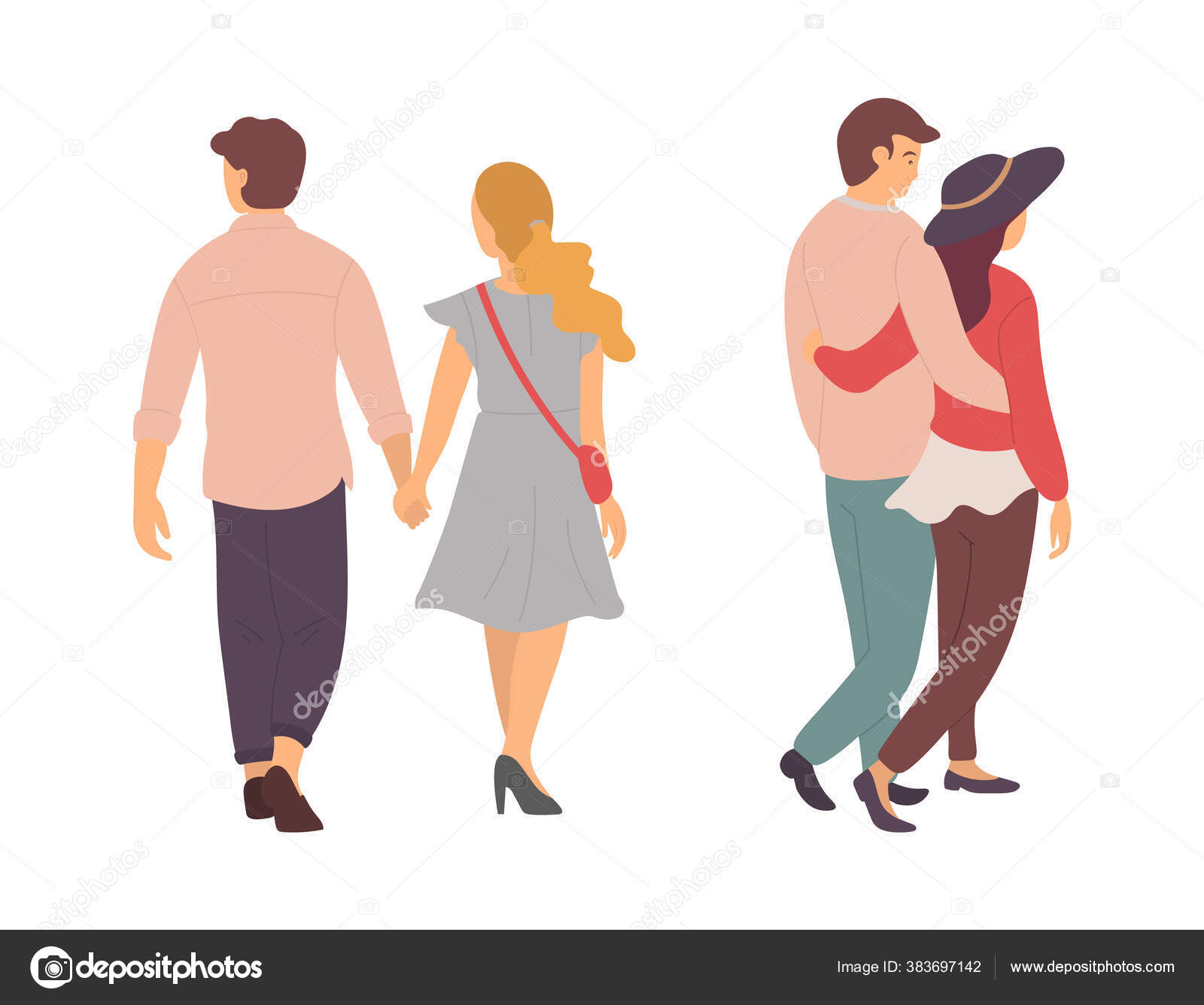 Parejas caminando y sosteniendo las manos, hombre y mujer Vector de stock  #383697142 de ©robuart, image size:1600x1336
