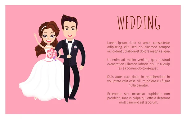 Manifesto di nozze con felice coppia saluto tutti — Vettoriale Stock