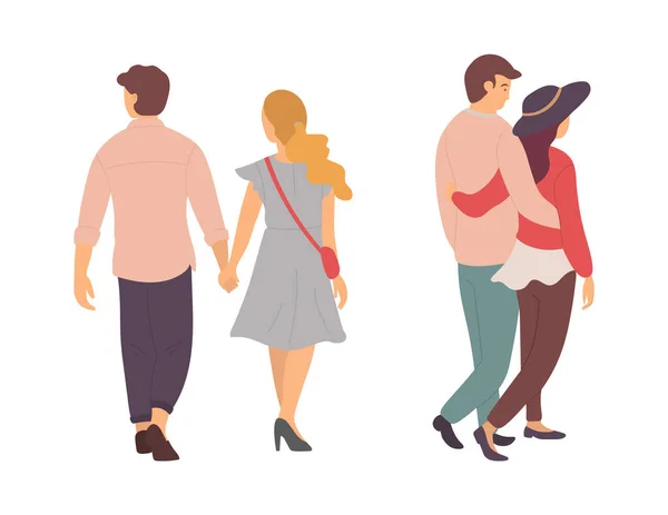 Пары ходят и держатся за руки, мужчина и женщина — стоковый вектор
