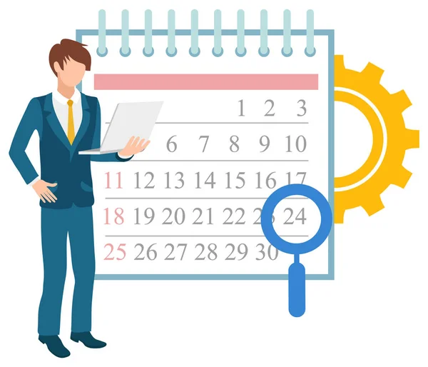Time Management, Vector Guy Standing Near Calendar — Stock Vector