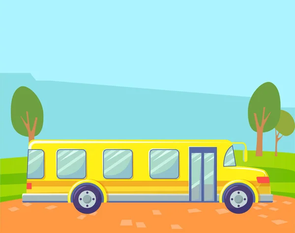 Autobús escolar en el campo, Paisaje en segundo plano — Vector de stock