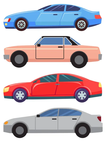 Cuatro coches aislados en blanco, Cabriolet y sedanes — Vector de stock