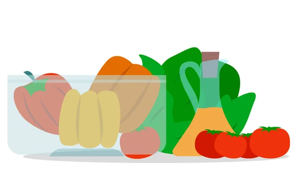 配菜、蔬菜及橄榄油瓶的碗 — 图库矢量图片
