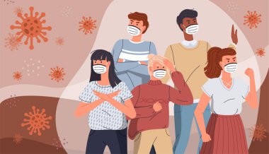 Hastalık, grip, hava kirliliği, kirli hava ve dünya kirliliğini önlemek için maske takan bir grup insan.