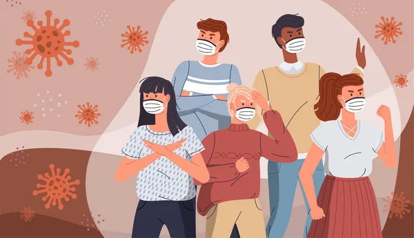 Grupa osób noszących maski medyczne w celu zapobiegania chorobom, grypie, zanieczyszczeniu powietrza, zanieczyszczeniu powietrza, zanieczyszczeniu świata. — Wektor stockowy