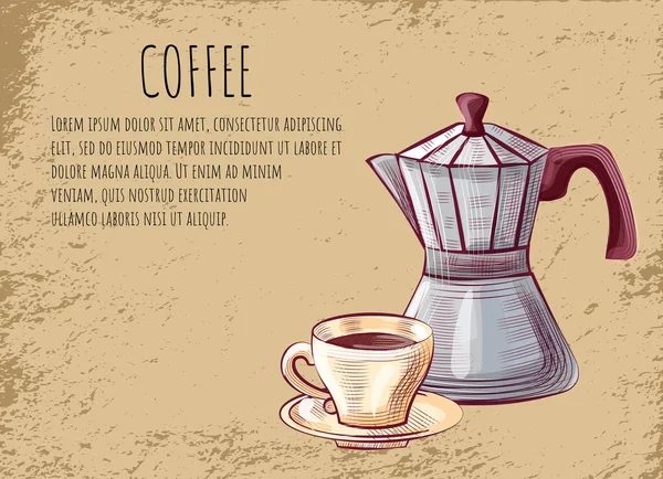 Kaffeehaus-Poster, Mokka-Kanne zum Aufbrühen von Espresso — Stockvektor