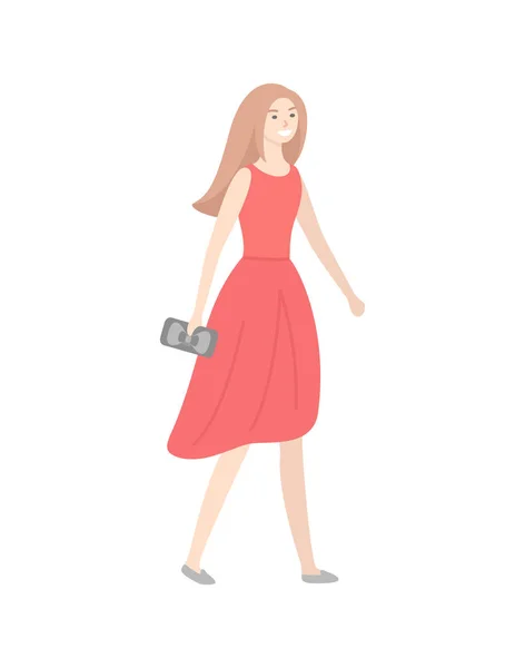 Señora en Elegante Vestido Rojo y Saco, con Cabello Largo — Vector de stock