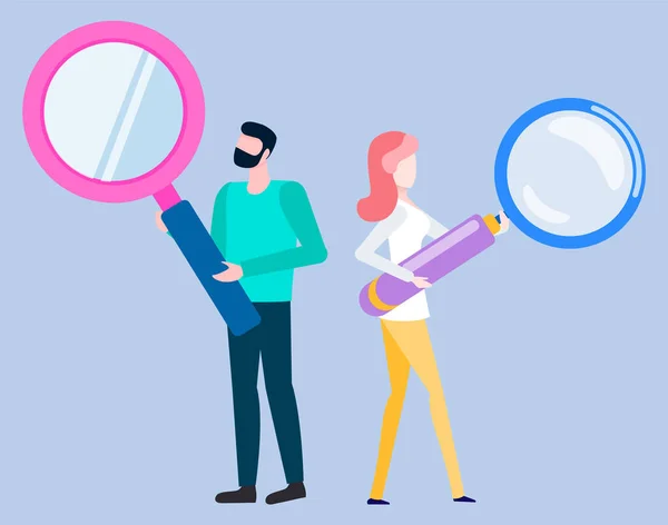 Woman, Man with Magnifying Glass Isolated People — Stock Vector