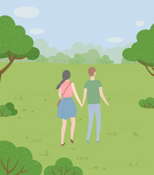 Pareja enamorada sosteniendo las manos y caminando por el parque — Archivo Imágenes Vectoriales