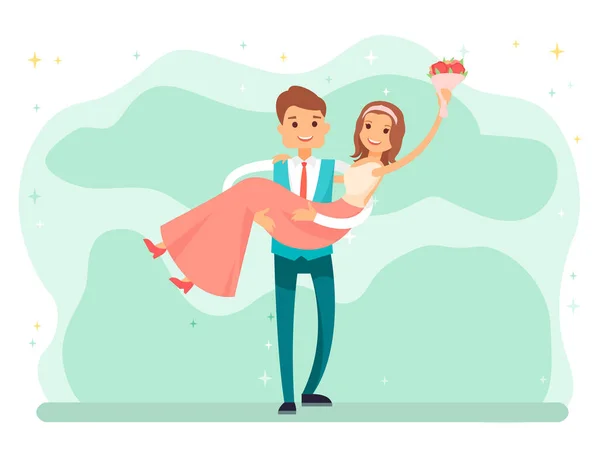 Nygifta par, brud och brudgum på bröllopsdagen — Stock vektor