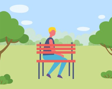 Ağaçlar, Orman veya Park Vektörü yakınlarındaki Bench 'te erkek.