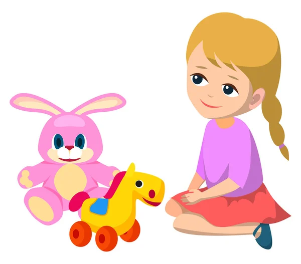Девушка играет с игрушками, лошадью на колесах и кроликом — стоковый вектор