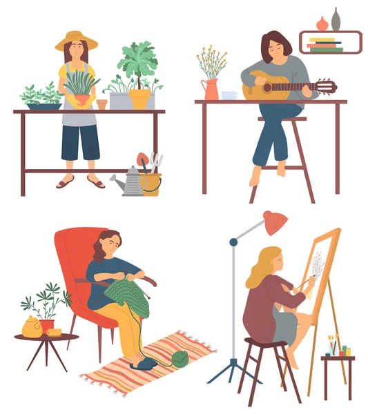 Mulher em casa, tocando guitarra e desenho Hobby —  Vetores de Stock