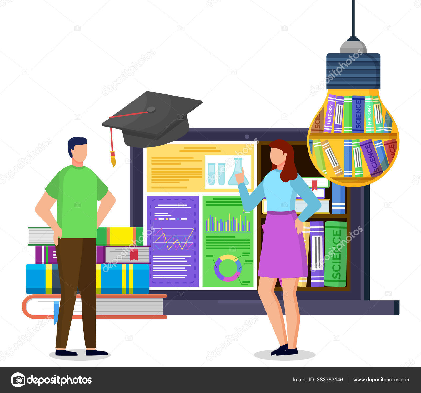 Студенты Возле Ноутбука И Книг, Электронная Библиотека Векторное.