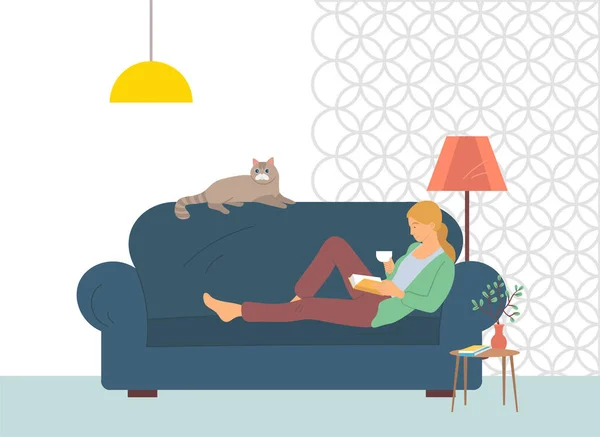 Littérature de lecture féminine sur canapé, Hobby vecteur — Image vectorielle